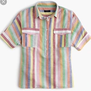 J.Crew Linen Blend Button Top Blouse Multicolored Stripe Size 0 XS Rainbow